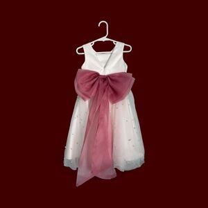 Girls White Dress with Salmon Bow and Tulle Beaded Skirt 2
